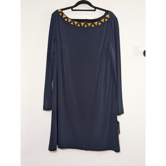 Vince Camuto NWT Navy Blue Gold Jeweled Neckline Sheath Shift Dress Size 14 - Picture 2 of 10